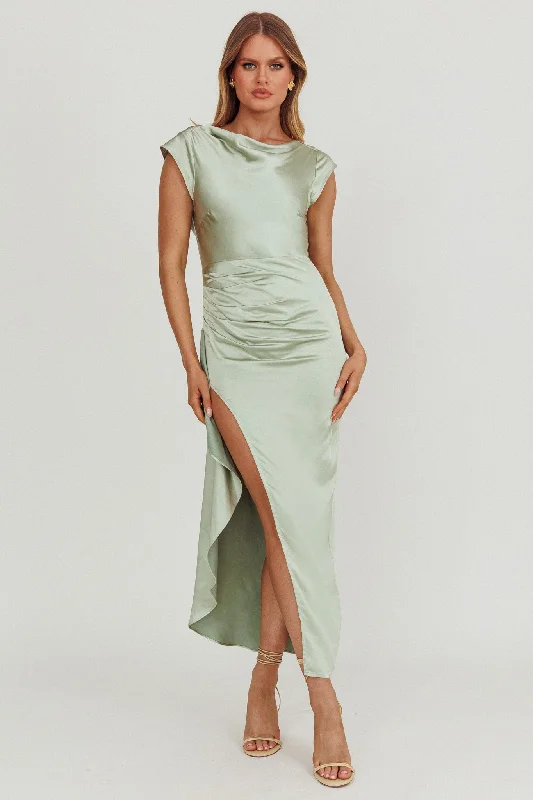 Embellished Dress Grecian Cap Sleeve Cowl Back Dress Sage