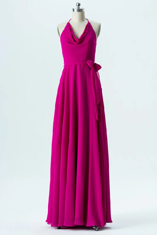 Metallic Formal Dress Halter Fuchsia Backless Long Bridesmaid Dress with Bow