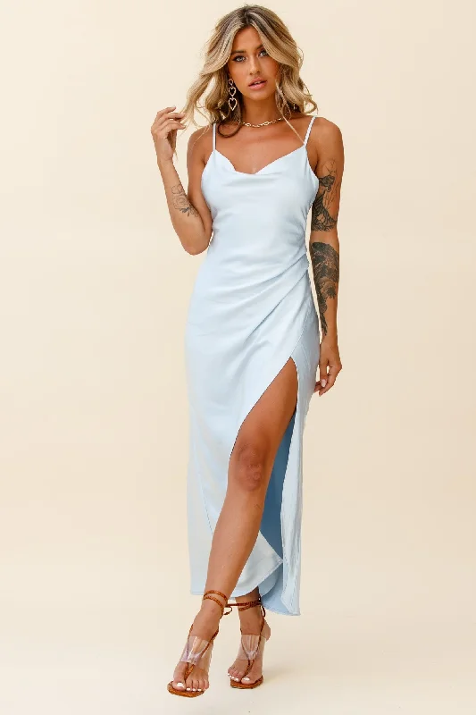 Modest Formal Dress Hey Girl Long Satin Cowl Neck Dress Steel Blue