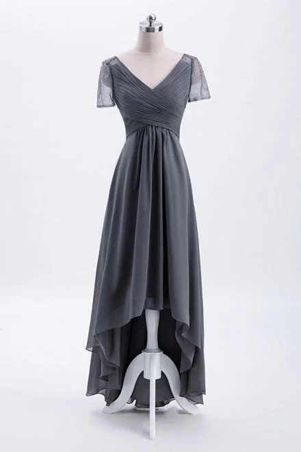 Glamorous Formal Dress Hi-Low Grey Beaded Bridesmaid Dress with Short Sleeves
