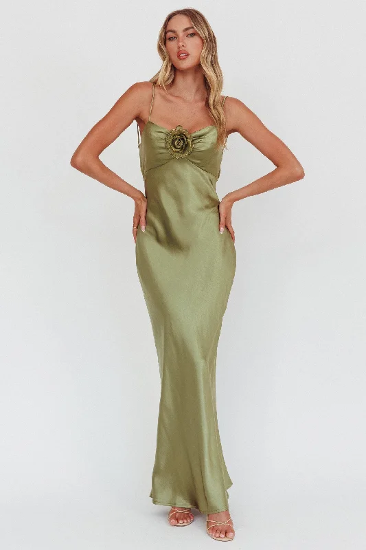 Long Sleeve Dress High Roller Cowl Back Rosette Maxi Dress Olive