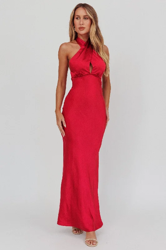 Party Dress Honeymoon Crossover Halterneck Maxi Dress Wine