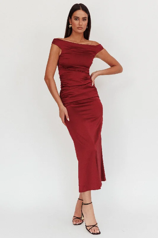 Elegant Gown In Blooms Off Shoulder Satin Maxi Dress Wine