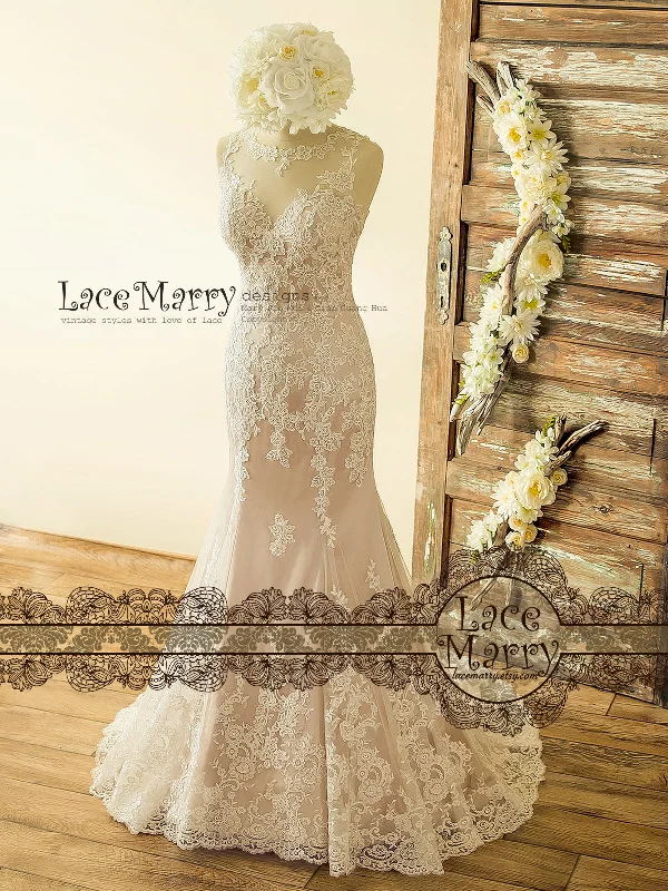 Draped Formal Dress Incredible Blush Wedding Dress from Ivory Lace Flower Appliques Draped Formal Dress Incredible Blush Wedding Dress from Ivory Lace Flower Appliques