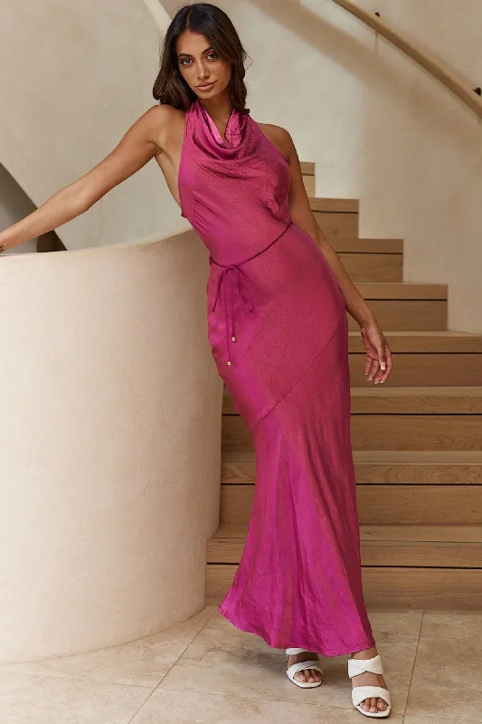 Party Dress India Cowl Halterneck Satin Maxi Dress Fuchsia