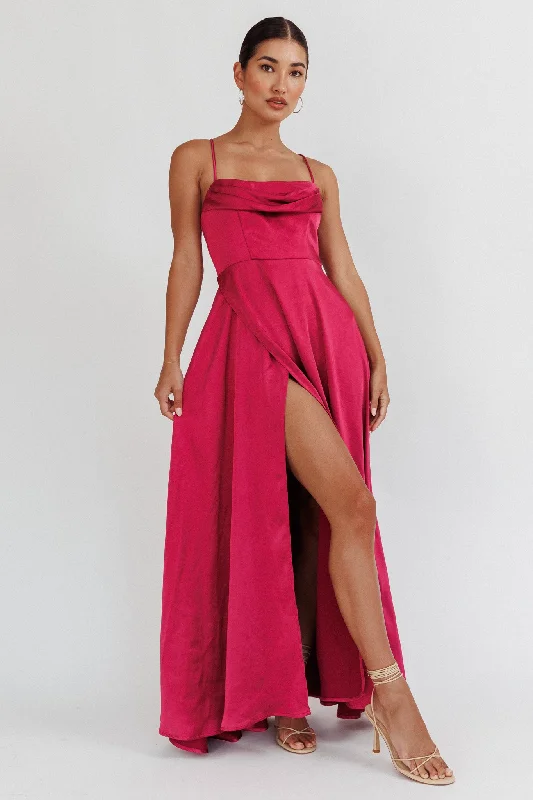 Ball Gown Inner Light Gathered Bust Split Maxi Dress Wine