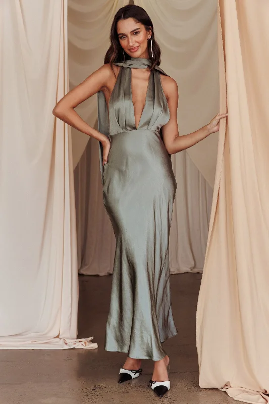 Empire Gown Italia Azure Halterneck Maxi Dress Khaki