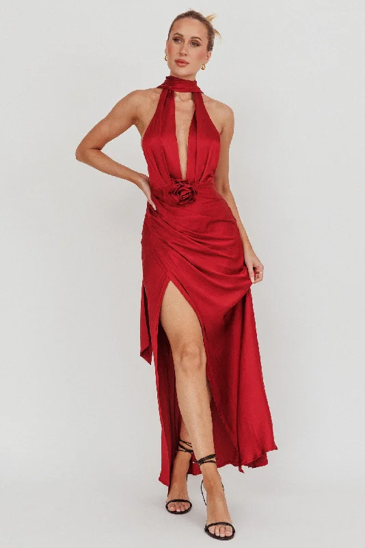 Off-Shoulder Dress Italia Azure Halterneck Rosette Maxi Dress Wine