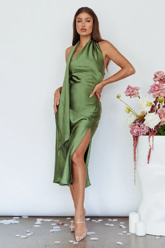 Asymmetrical Gown Italian Summer Tie Neck Midi Dress Olive