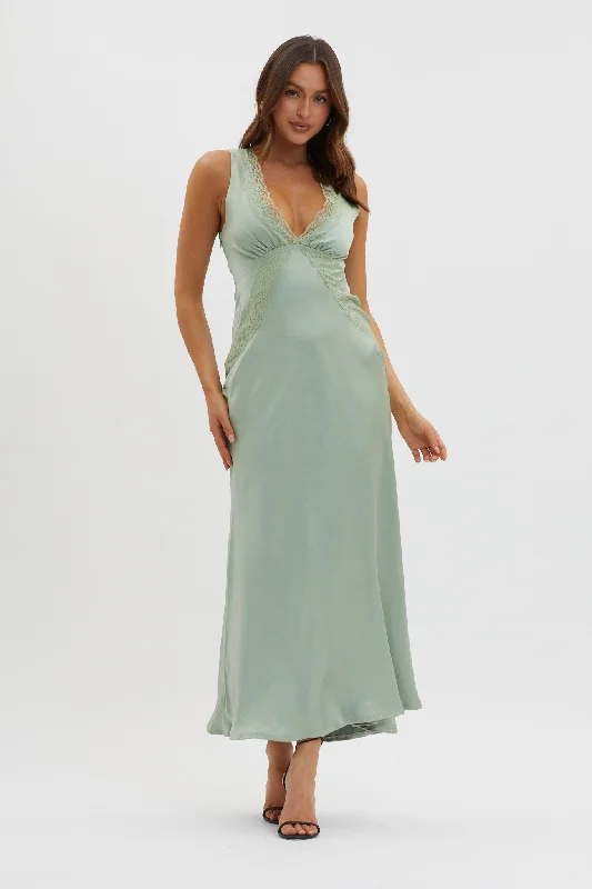 Pearl Embellished Gown Ivonne Lace Trim V-Neck Maxi Dress Sage