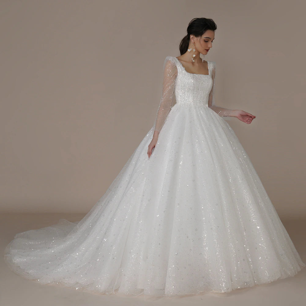 Halter Neck Dress Ivory Beaded Glitter Long Sleeves Princess Wedding Dress