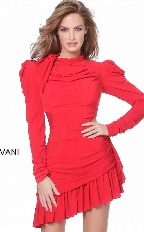 One-Shoulder Gown Jovani M3076 Short Puff Sleeve Cocktail Dress