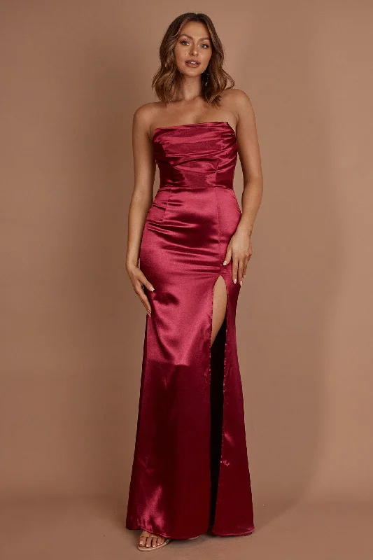 Floral Gown Kalisa Strapless Thigh Split Maxi Dress Burgundy