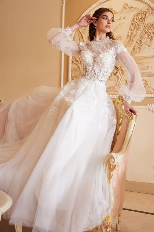 Floor-Sweeping Gown Kate Long Sleeves Sheer Appliqué Bodice A-line Comfortable Fit Long Wedding Dress CDA1074W Floor-Sweeping Gown Kate Long Sleeves Sheer Appliqué Bodice A-line Comfortable Fit Long Wedding Dress CDA1074W