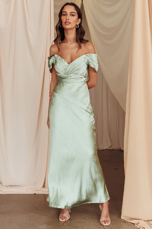 Luxe Satin Dress Katrina Off Shoulder Maxi Dress Pistachio