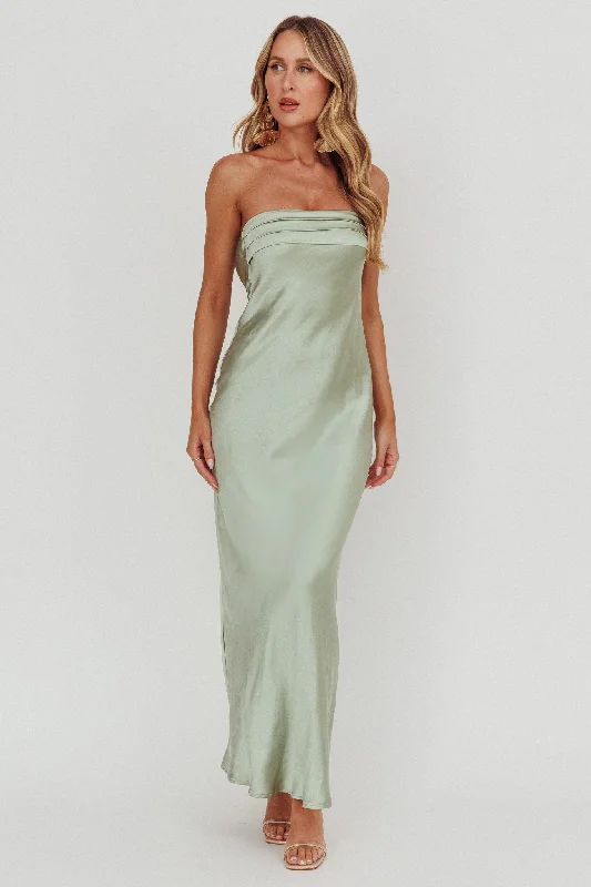 Empire Waist Dress Kona Strapless Pleated Bust Satin Maxi Dress Sage