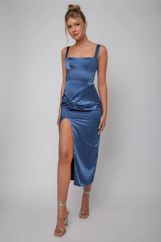 Strapless Gown Kristin Knotted Waist Split Midi Dress Navy