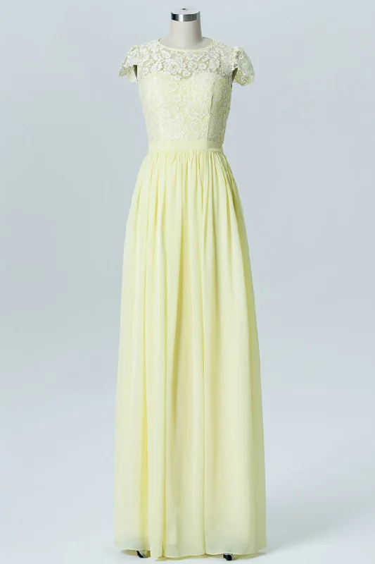 Timeless Satin Dress Lace Cap Sleeve Light Yellow Bridesmaid Dress