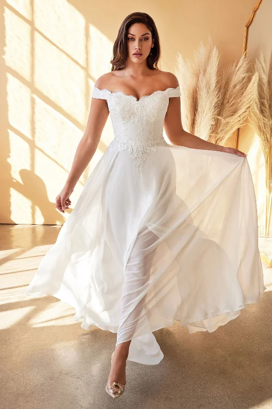 Pleated Gown Off Shoulder Floral Bodice Appliqued Embroidered Top Cap Sleeves A-line Long Wedding Dress CD7258W Pleated Gown Off Shoulder Floral Bodice Appliqued Embroidered Top Cap Sleeves A-line Long Wedding Dress CD7258W