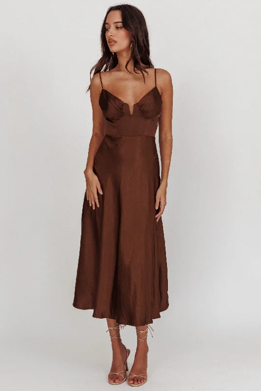 Satin Gown Lake Como A-Line Midi Dress Brown