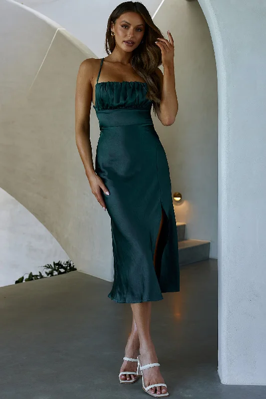 Chic Formal Gown Lakoda Gathered Bust Bow Tie Back Midi Dress Forest Green