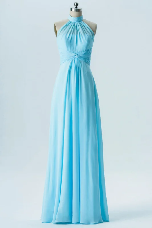 Vivid Color Gown Light Blue Halter Ruched Long Bridesmaid Dress