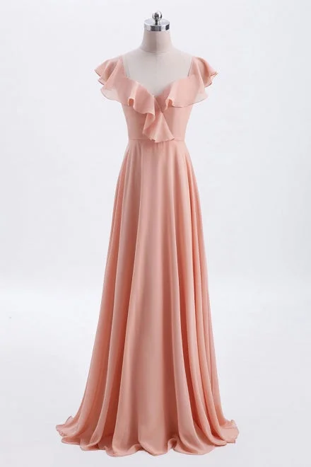 Puffy Sleeve Dress Light Coral Tie Back Chiffon Bridesmaid Dress with Ruffles