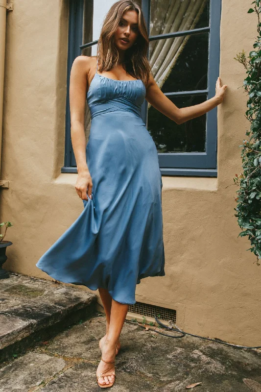 Ruched Gown Linka Cami Strap Midi Dress Dusty Blue