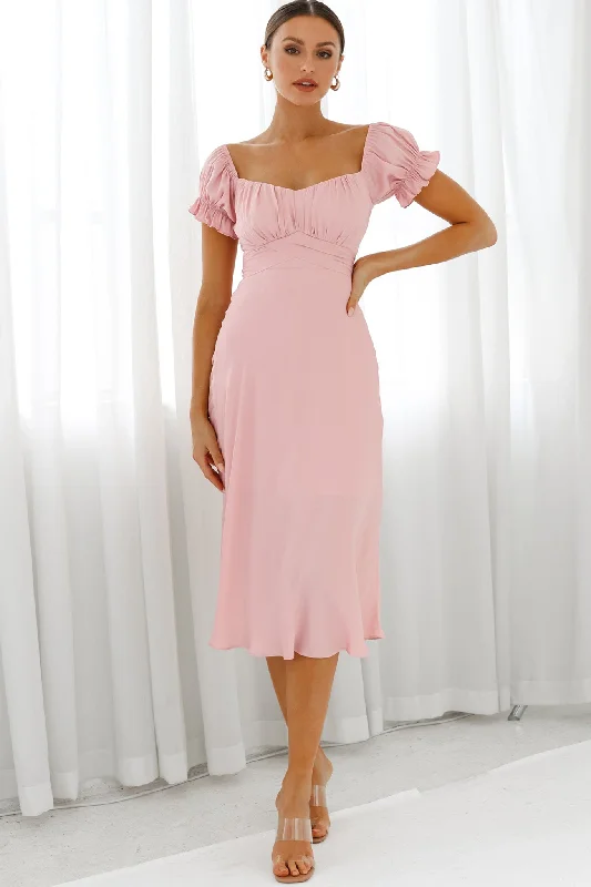 Puffy Sleeve Dress Linka Off-Shoulder Tie Back Midi Dress Blush