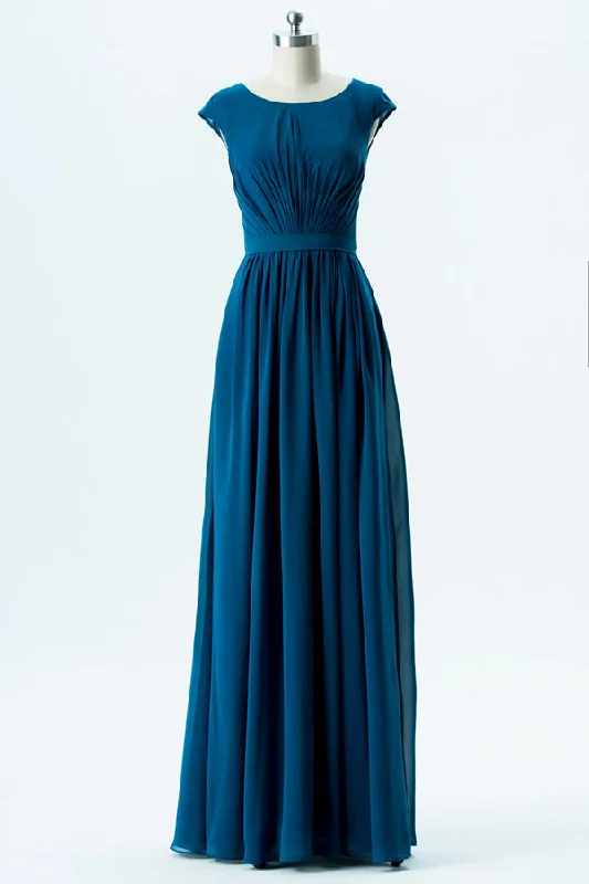 Fancy Embellished Dress Long Chiffon Teal Pleated Bridesmaid Dress