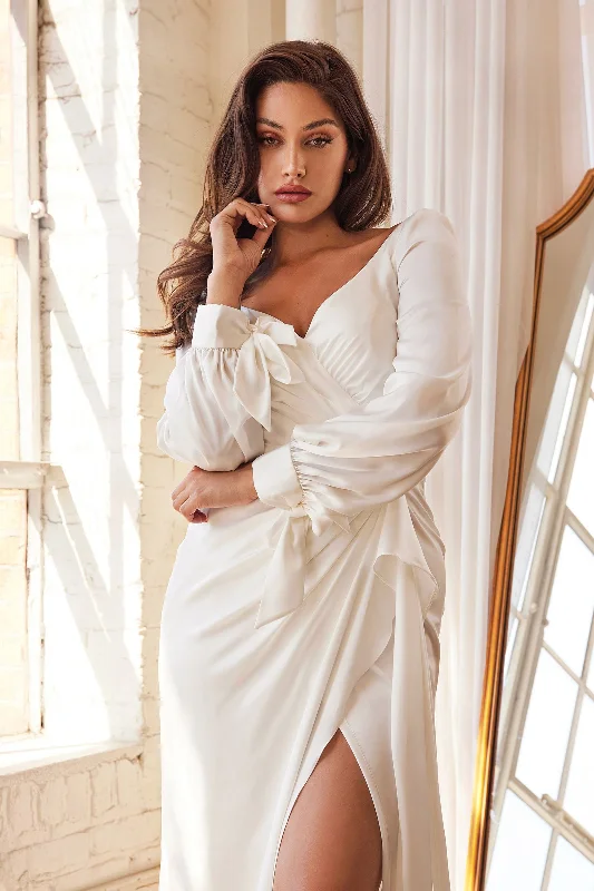 Empire Waist Dress Wrap-Effect Long Sleeve Satin with a Leg Slit Long Wedding & Bridal Dress CD7478W Empire Waist Dress Wrap-Effect Long Sleeve Satin with a Leg Slit Long Wedding & Bridal Dress CD7478W
