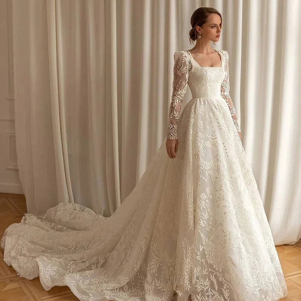 Long Sleeve Dress Luxury Lace Square Neck Detachable Sleeves Wedding Dress