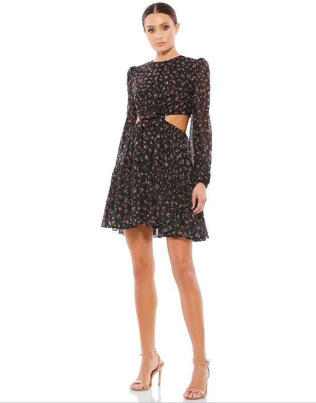 Floor-Length Satin Dress Mac Duggal 55432 Long Sleeve Floral Cocktail Dress