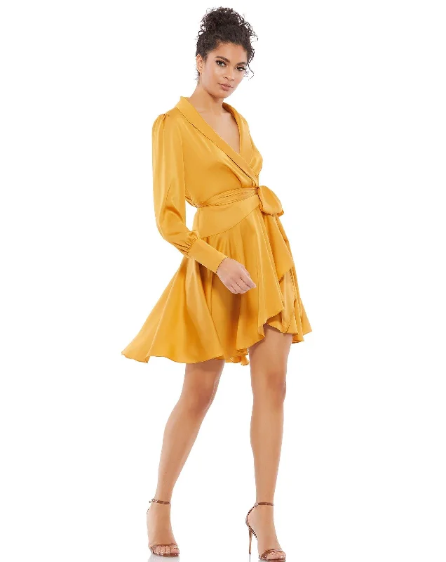 Draped Satin Gown Mac Duggal MD12514 Long Sleeve Satin High Low Dress