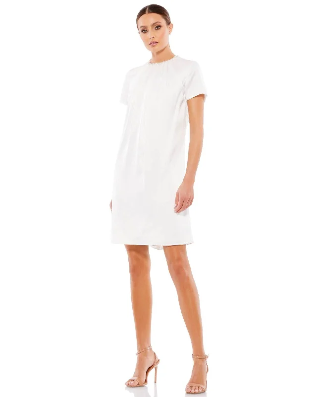 Satin Slip Dress Mac Duggal 55698 Short Sleeve Beaded Cocktail Dress