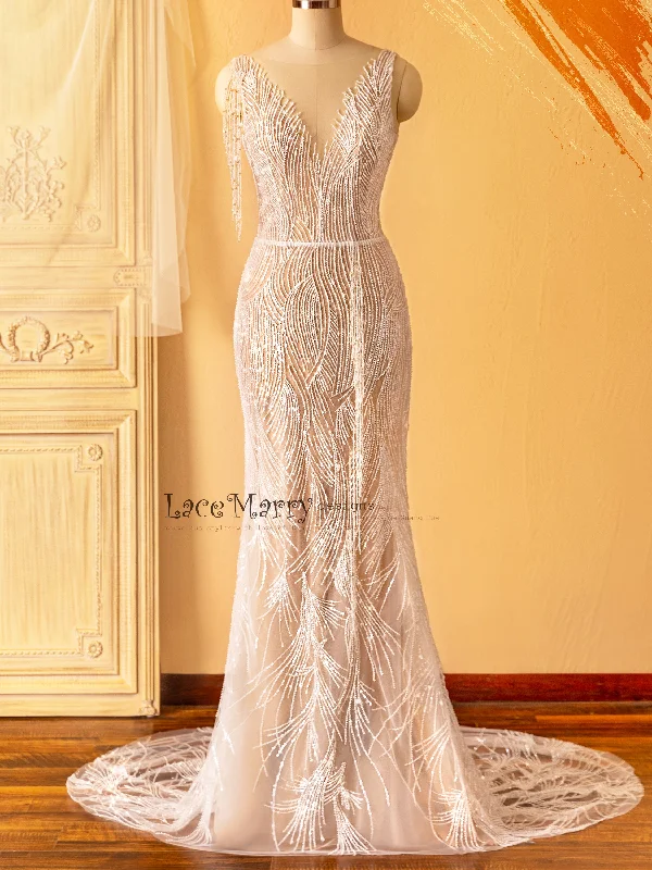 Beaded Evening Dress MARGO / Beaded Sheath Wedding Dress in Nude Color