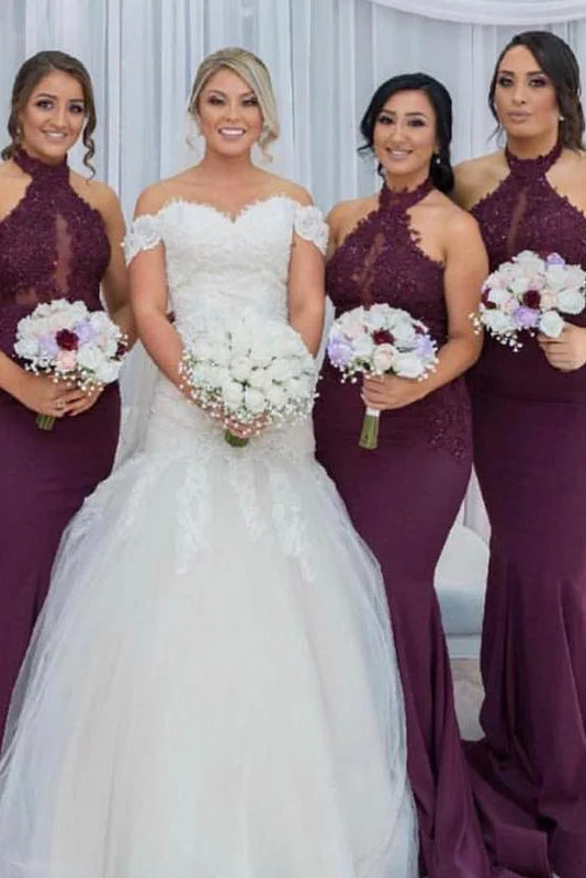 Asymmetrical Gown Mermaid High Neck Grape Long Bridesmaid Dress with Appliques