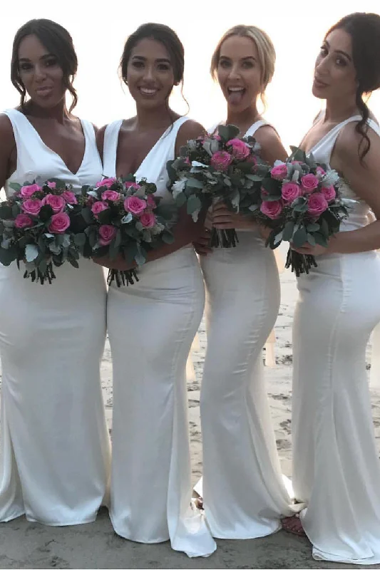Dramatic Ball Gown Mermaid V Neck Satin Long White Bridesmaid Dress