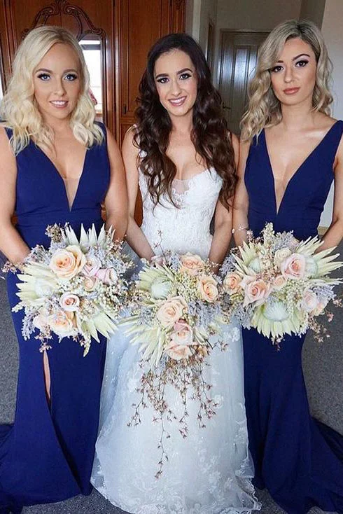Lace Sleeves Dress Mermaid V-Neck Navy Blue Long Bridesmaid Dress with Slit