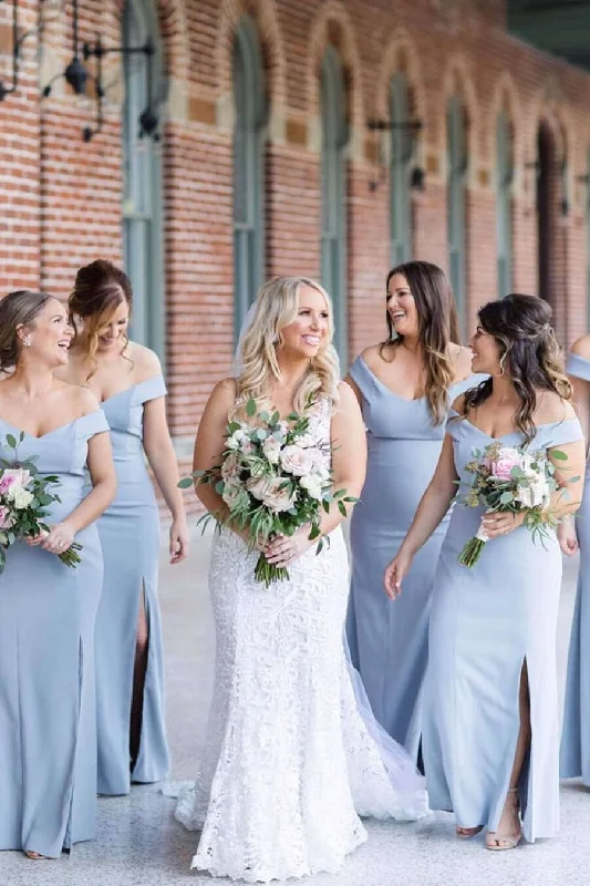 Floor-Length Gown Mermaid Off Shoulder Dusty Blue Bridesmaid Dresses with Slit