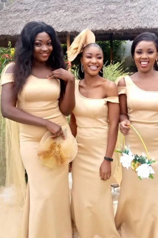Knee-Length Dress Mermaid One Shoulder Long Gold Bridesmaid Dress