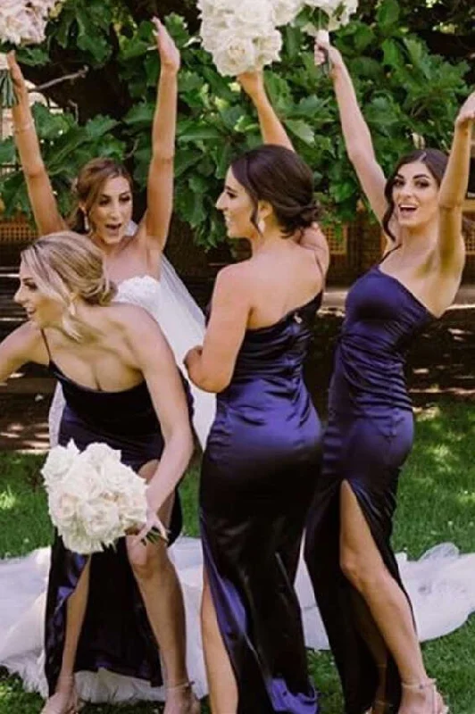 Maxi Formal Dress Mermaid One Strap Dark Purple Long Bridesmaid Dress with Slit