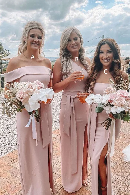 Ruched Gown Mermaid Pink Long Mismatched Bridesmaid Dresses