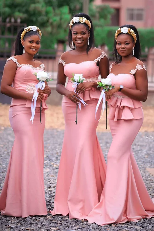 Deep V-Neck Dress Mermaid Ruffles Blush Pink Long Bridesmaid Dress with Lace Top