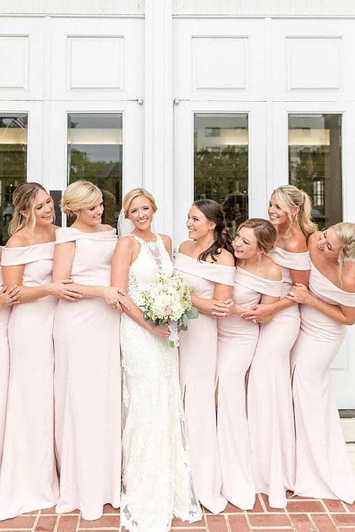Statement Sleeve Dress Sheath Off Shoulder Pink Bridesmaid Dress with Slit