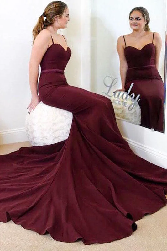 Elegant Wedding Gown Mermaid Spaghetti Straps Burgundy Long Bridesmaid Dress