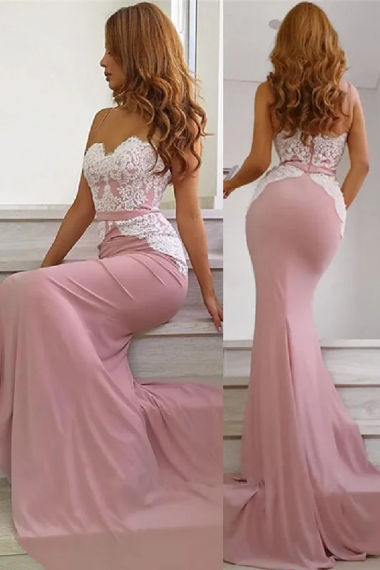 Fancy Evening Dress Mermaid Spaghetti Straps Long Pink Bridesmaid Dress with Lace