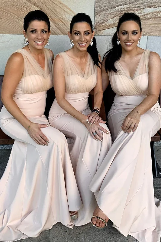 Bow Detail Dress Mermaid V-Neck Nude Bridesmaid Dress