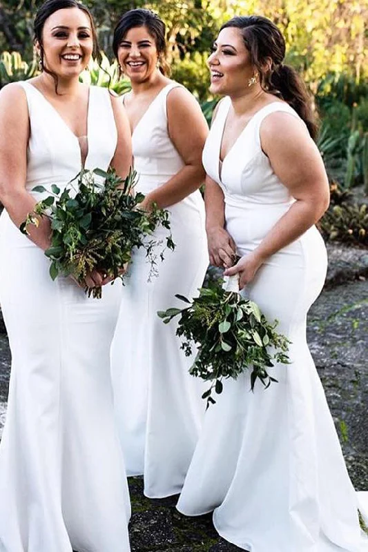 Rose Gold Dress Mermaid White V Neck Long Bridesmaid Dress
