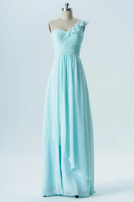 Illusion Neckline Dress Mint Blue One Shoulder Bridesmaid Dress with Ruffles